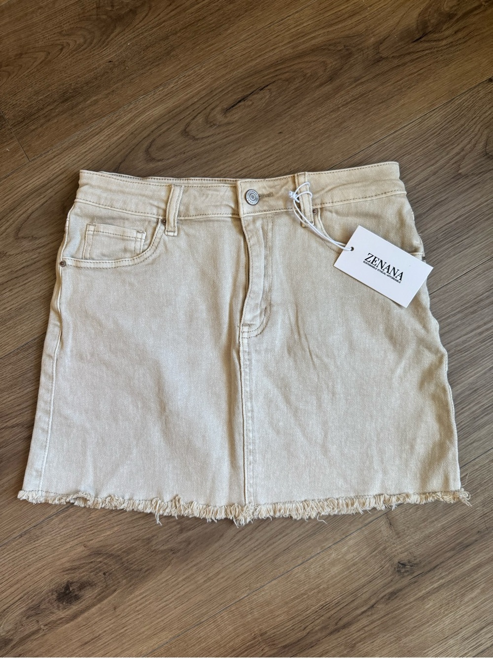Zenana Outfitters Beige Denim Mini Skirt with Frayed Hem